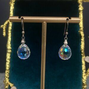 Vintage Silver Tone Aurora Borealis Austrian Crystal Teardrop Earrings / Sparkly
